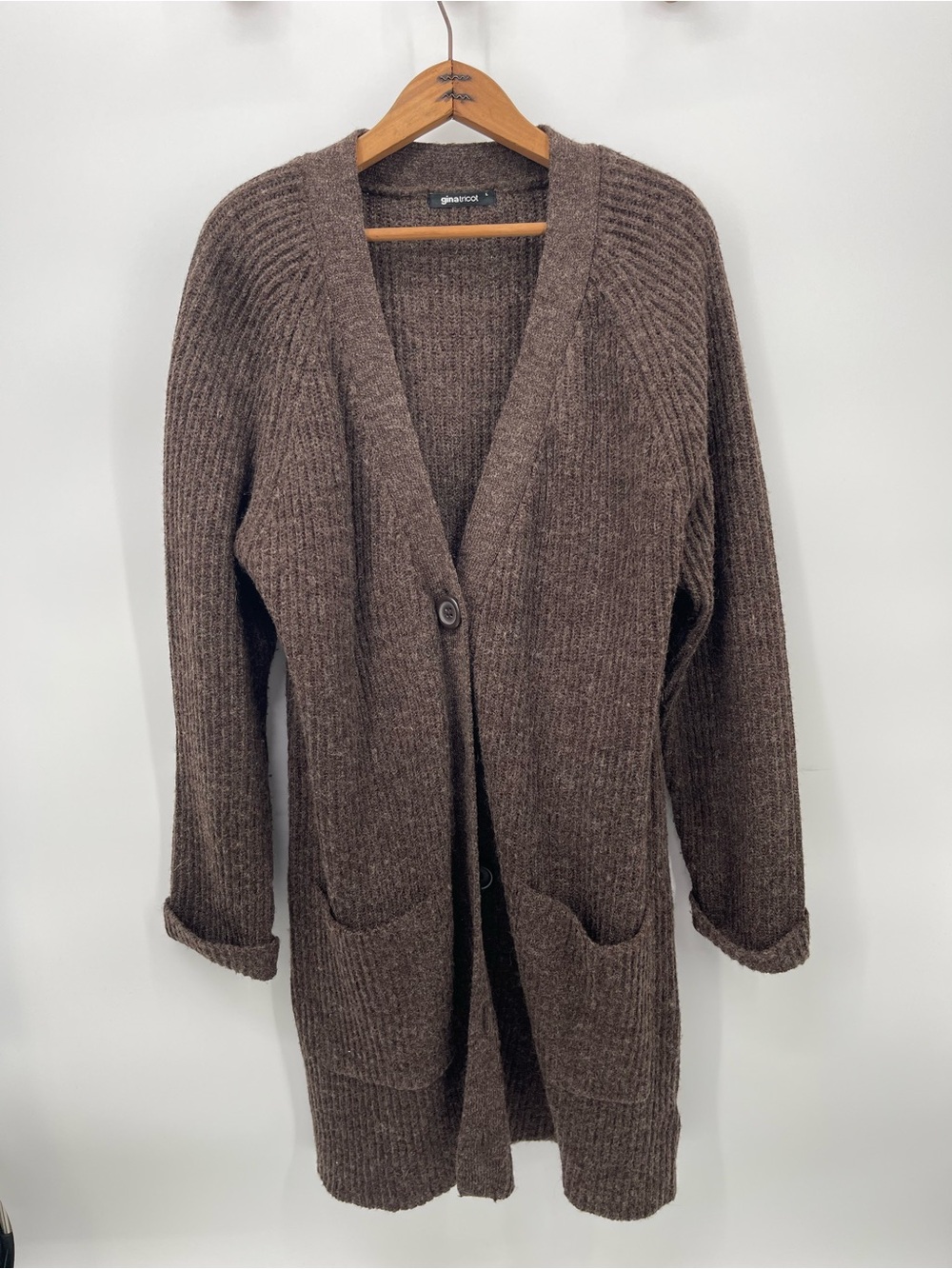 Long Ribbed Open-Front Cardigan in Brown